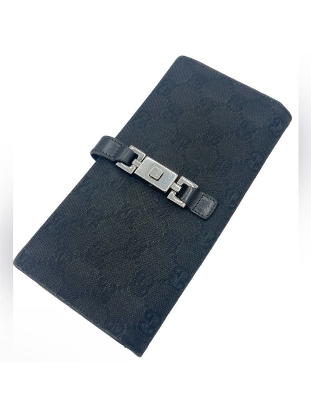 Gucci Press Button Closure Cloth Leather Black Wallet